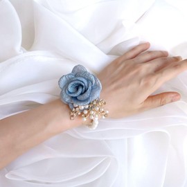 Hanfluenve Wedding Flower Bracelets Hand Floral Bridesmaid Wrist Corsage Bracelets Elegant White Pearls with Sparkling Crystal Bracelets for Party (blue)