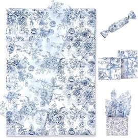 120 Sheets Blue Floral Tissue Paper Chinoiserie Gift Wrapping Paper Vintage Blue White Flowers Packaging Patterned Bulk for Baby Shower Wedding Birthday Party Decor, 14 x 20 Inch