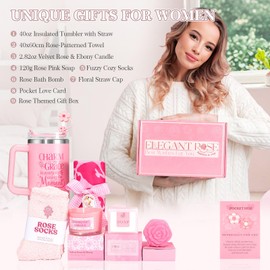 Gift Basket Gift Box for Women Girlfriend Wife Mom Friend Her, Rose Relaxing Spa Gift Basket with 40 OZ Tumbler for Self Care Package Anniversary Wedding Thank You Get Well Soon
