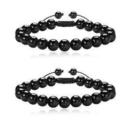 HUASAI 2Pcs Bracelets for Men Black Tourmaline Bracelet Obsidian Bracelet for Women Men Triple Protection Bracelet Adjustable Christmas Gifts
