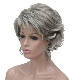 Lydell Short Wavy Curly Layered Synthenic Wigs with Hair Bangs for Women Girls Light Gray