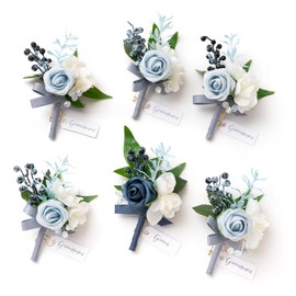 Ling's Moment Boutonniere for Men, 6pcs Groom Groomsmen Boutonniere with Built-in Pins, Artificial Flowers for Wedding Decor/Prom/Homecoming, etc.Dusty Blue Light Blue