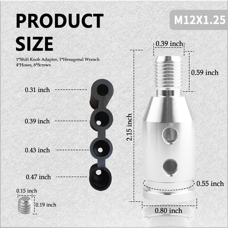 M12x1.25 Universal Gear Shift Knob Adapter With 4-Sizes Plastic Hose