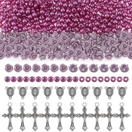 610Pcs Rosary Jewelry Making Kit, Rosary Pearl Beads Carved Rose Beads Rosary Cross Centerpiece Crucifix Medal, Rosary Prayer Making Supplies First Communion Necklace Bracelet Jewelry Making (Purple)