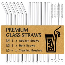 Mohary® 16-Pack Reusable Glass Straws, Clear Glass Drinking Straws, 8.5''x10MM, Set of 6 Straight and 6 Bent with 4 Straw Cleaner Brushes, Shatter Resistant, Perfect for Smoothies, Juice, Tea