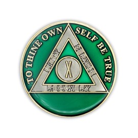 10 Year Sobriety Coin | Triplate AA Chip Recovery Anniversary Token (Green)