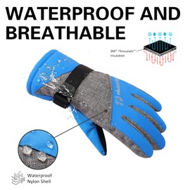 WALSKING Kids Thinsulate Winter Snow Waterproof Ski Insulated Cold Weather Gloves for Boys Girls,Blue,Size L