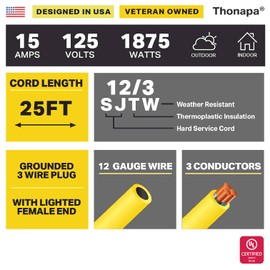 Thonapa 2 Pack 12 Gauge Outdoor Extension Cord 25 ft, 12/3 SJTW Heavy Duty Extension Cord Outdoor 3 Prong, Weatherproof Yellow Power Cable 15 amp for Major Appliances - US Veteran Owned