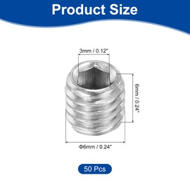 sourcing map Socket Set Screws,50Pcs M6x6mm Metric - 304 Stainless Steel Hex Socket Set Headless Cup Point Grub Screws, for Repairing Compact Instruments, Machinery and Equipment (Silver)