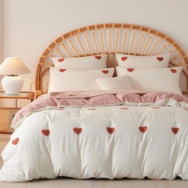 Lanqinglv Hearts Bed Linen 135 x 200 cm White with Pink Heart Pattern, Tufted Exquisite Embroidery Oeko-Tex Bed Linen Set Girls Romantic Duvet Cover with Zip and 1 Pillowcase 80 x 80 cm