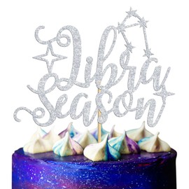 Libra - Decoración para tartas de temporada, gran Libra Energía/septiembre octubre, decoración para tartas de cumpleaños, 12 constelaciones del zodiaco, suministros de decoración para fiestas de cumpleaños para hombres y mujeres, purpurina plateada