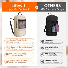 Lifewit 90L Large Laundry Backpack, Heavy Duty Laundry Bag with Mesh Pocket for Laundromat and Shoulder Straps, Laundry Bag Backpack for Dirty Clothes for College Dorm, Apartment, Travel, Khaki