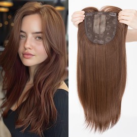 SEGOHAIR Synthetic Hair Topper for Women, 6"x6" Lace Base, Covers Gray Hair, Thinning, High Hairlines, Soft Natural Straight, Easy to Apply with 4 Clips, Center Parted Bangs 18" Brown Mixed Blonde