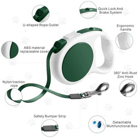 Bjdqhkj 10 ft Retractable Dog Leash with Waste Bag Dispenser, Tangle-Free, for Dogs up to 33 lbs, Retro Green