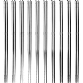 Metal Chopsticks, IQCWOOD 10 Pairs 8.66 Inch Stainless Steel Flat Chopsticks, 304 Korean Chopsticks Reusable Dishwasher Lightweight Silver Reusable Chopsticks Set for Dinner