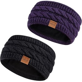 Hatromm Winter Headbands for Women Wool 2 Pack, Ear Warmers for Women Headband Knit Thick Fleece Lined, Cold Weather Warm Ear Muffs, Black+Purple, 1 Count (Pack of 2)