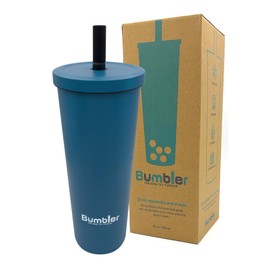 Stainless Steel Bubble Tea Cup - Bumbler 24oz Large Reusable Eco-Friendly Tumbler with Wide Soft Tip Metal Straw, Leak-Proof Lid - for Boba, Smoothies, Iced Coffee, Hot or Cold Drinks - Blue Eclipse