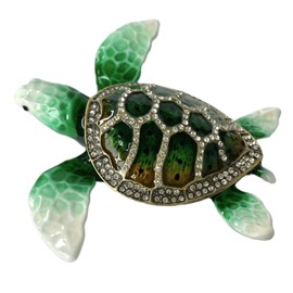 Cottage Garden Hand Painted Enamel Hinged Trinket Box Ornamental Mini Jewelry Organizer Vintage Collectible Figurine Keepsake Box with Bejeweled Crystals Green Sea Turtle