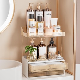Delamu Bathroom Organizers and Storage, 2 Tier 2 Drawer Makeup Organizer Countertop, Easy to Install, Ideal for Bathroom Counter, Vanity, Ideal for Women Girls, Amber