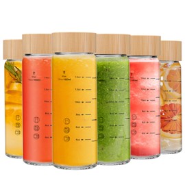 Olivego 16oz Juice Bottles - 6 Pack Wide Mouth Glass Bottles with Lids- BPA Free, Bamboo Lids for Juicing, Smoothies, Infused Water, Beverage Storage - Leakproof, Borosilicate, Clear