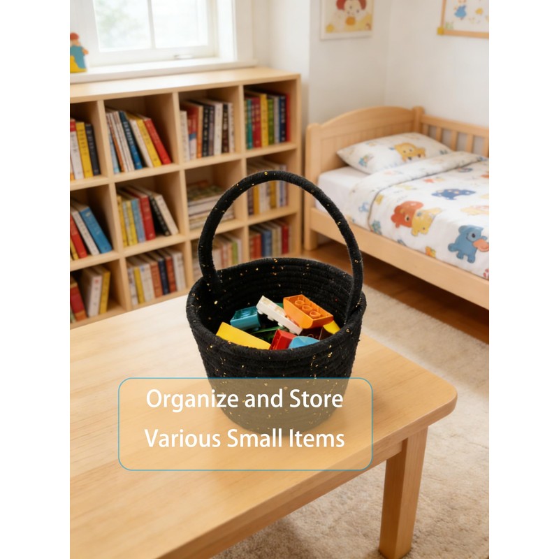 Prudance Small Woven Cotton Basket with Sparkly Gold Sequins, 6"x5",Black