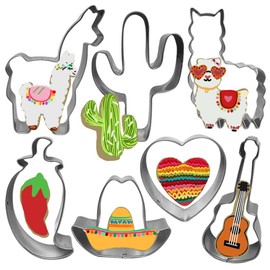 XGiGiX Mexican Fiesta Pinata Cookie Cutter Set- 7 Pcs Large Stainless Steel Cookie Cutters Mold for Making Llama, Alpaca, Cactus, Sombrero, Chili, Guitar, Heart.