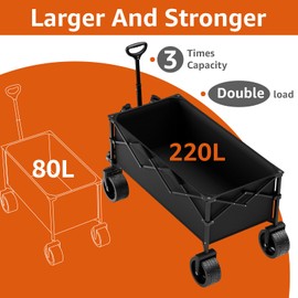 Collapsible Wagon Cart with Wheels - Foldable Wagons 220L Heavy Duty 450lbs, Beach Wagon with Big Wheels for Sand Folding Utility Wagons Carts for Sports Shopping Camping