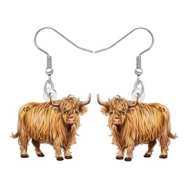 WEVENI Cute Highland Cow Gifts Acrylic Hyland Cow Earrings Dangle Country Western Jewelry Weird Quirky Gifts for Women Mom Cowgirl (Coffee)
