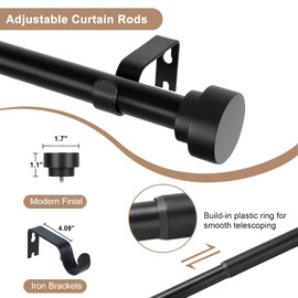 Black Curtain Rods for Windows 48 to 84 Inch(4-7ft),1 Inch Diameter Heavy Duty Curtain Rods,Adjustable Curtain Rod,Modern Decorative Drapery Rods,Telescoping Window Curtains Rod 36-88",Matte Black