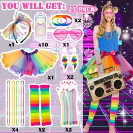 Ronilp 80s Fancy Dress for women,1980s Fancy Party Costume Accessories Set, Rainbow Tutu Skirt Leg Warmers Necklace Bracelets Fishnet Gloves 80s Lace Bow Headband Tape Earrings Sunglasses