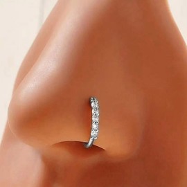 Xduargs Boho CZ Bar Clip On Nose Ring Silver Bar Faux Clip On Nose Ring Vintage Crystal Cuff Hoop Nose Ring Rhinestone No Piercing Nose Ring Jewelry for Women