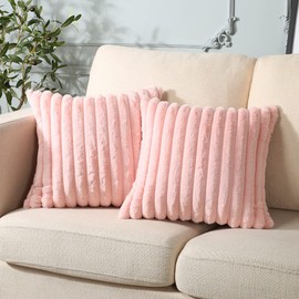 Sungeek Set of 2 Pink Faux Rabbit Fur Cushion Covers 40x40 cm, Soft Cozy Plush Striped Decorative Throw Pillow Covers 16x16 inch Velvet Square Pillowcases for Sofa Bedroom