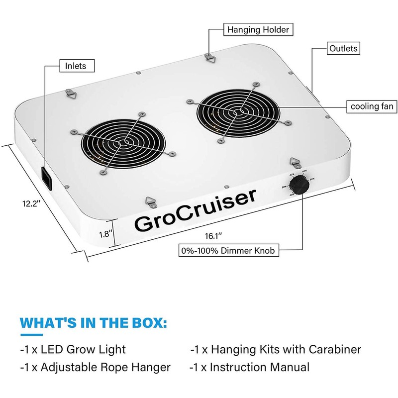 GroCruiser 2000W Dimmable LED Grow Light, 3x3 2x4ft Grow Tent