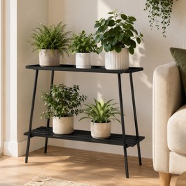 Soporte para Plantas de Metal de 2 Niveles, Estante para Macetas Decorativas Interior y Exterior, Porta Macetas Negro para Sala, Balcón, Jardín y Terraza, Ahorrador de Espacio