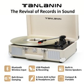 Vinyl Record Player Vintage Portable Suitcase Turntables with Built-in Upgrade Speakers, USB Recording, 33 45 78RPM Bluetooth LP Player Support AUX in RCA Line Out Headphone Jack, Cream White