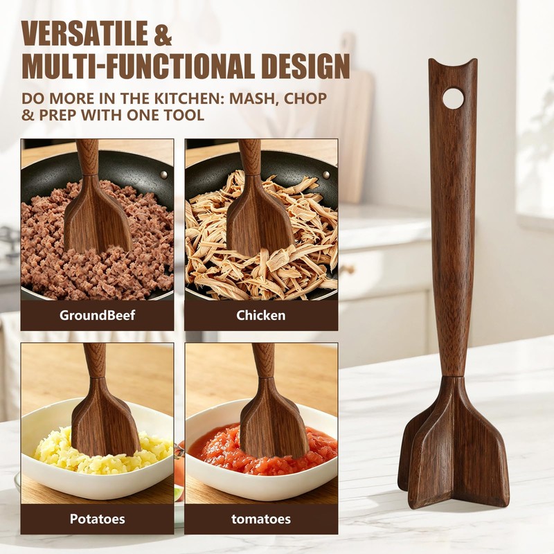 Wooden Meat Chopper, Meat Masher Wood Smasher Kitchen Tool for
