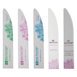 NAIL FACTORY - Set de Limas Para Manicure, 5 Limas de Doble Cara, Cada una de Distinto Grano, Incluye Lima Buffer y Lima Magic Shine. 5 Piezas.