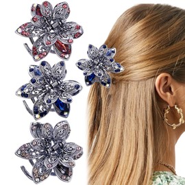 3 PCS Vintage Rhinestone Hair Claw Clips Hollow Metal Grip Strong Hold Anti-Slip Claw Clips Shiny Rhinestone Flowers Design Accessories for Women Girls for Thin & Thick Hair