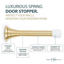 Mega Handles Iron Spring Door Stopper - Flexible Rustproof Heavy Duty Spring Door Stopper 3.35" with Screw Rubber Tip (Satin Brass)
