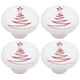 SET OF 4 SIMPLE DRAWN CHRISTMAS HOLIDAY TREE - DECORATIVE Glossy CERAMIC Drawer PULL Dresser KNOB