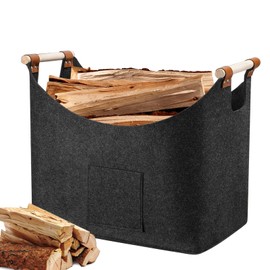 Wooden Basket for Firewood, XL Firewood Basket, Felt Firewood Basket, Felt Bag, Firewood Basket, Firewood Basket, Felt Basket, Foldable with Reinforced Wooden Handle for Shopping, Newspaper or