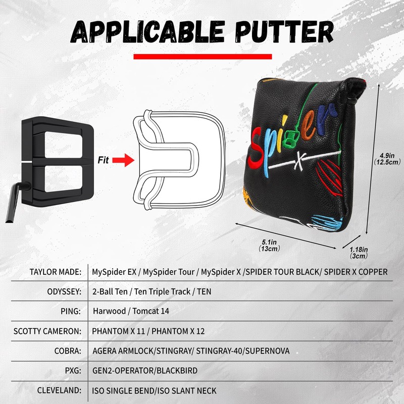 Golf Square Mallet Putter Cover Magnetic Heel-Shaft Headcovers Colorful Spider