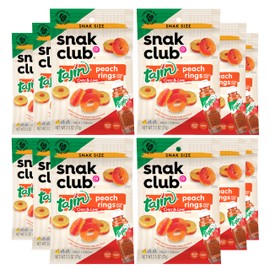 Snak Club Tajin Peach Rings Gummy Candy, Fruit Candy Gummies with Chili and Lime Seasoning, Mild, Gluten-Free and Vegan Snacks, 2.5 oz Snack Bags, 12 Pack