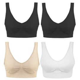 BOOLAVARD Women's Seamless Sports Bra Wire Free Comfort Workout Yoga Bras Pack of 4, 3 Colour Set + Free Black Bra (XXL - Chest Size - 43.5-45in UK 16-18 / EU 44-46)