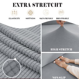 Stretch Sofa Slipcover Soft Sofa Cover Couch Covers for 3 Cushion Couch Sofa Furniture Protector Breathable Washable Jacquard Fabric Small Checks with Elastic Bottom for Kids Pets (Silver Grey, Large)