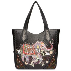 Elephant Rhinestone Studded Western Style Concealed Carry Purse Handbag Women Shoulder Bag Wallet Set (Black Set)
