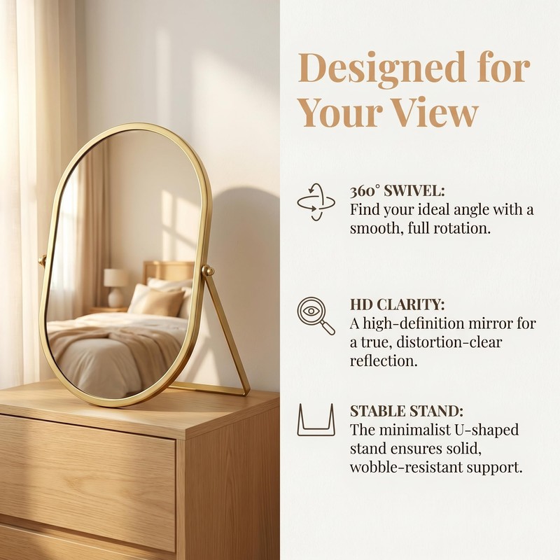 Gold Oval Vanity Mirror, 360° Rotation 180° Tilt Adjustable Desktop