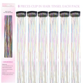 6Pcs Hair Tinsel Clip in 20Inch Fairy Hair Clip in Hair Tinsel Kit Heat Resistant，Clip in Hair Tinsel Extensions Glitter Hair Tensile Clip in Sparkly Hair Accessories for Women Girls Kids (Rainbow)