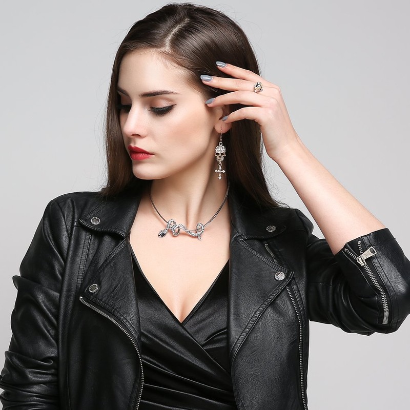 Silver Earrings Cool Gothic Punk Style Skull Cross Shaped With