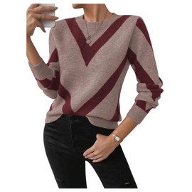 SweatyRocks Women's Chevron Print Long Sleeve Knitted Crewneck Sweater Casual Pullover Top Red and Khaki Small